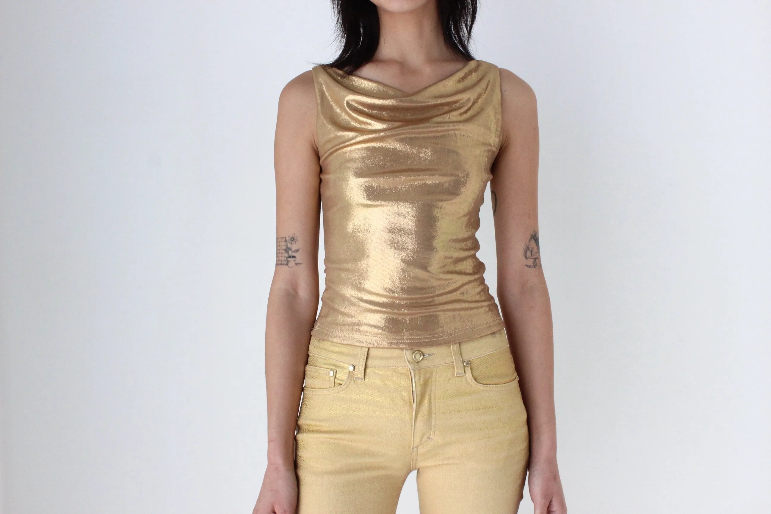 Y2K Liquid Gold Metallic Cowl Neck Disco Top