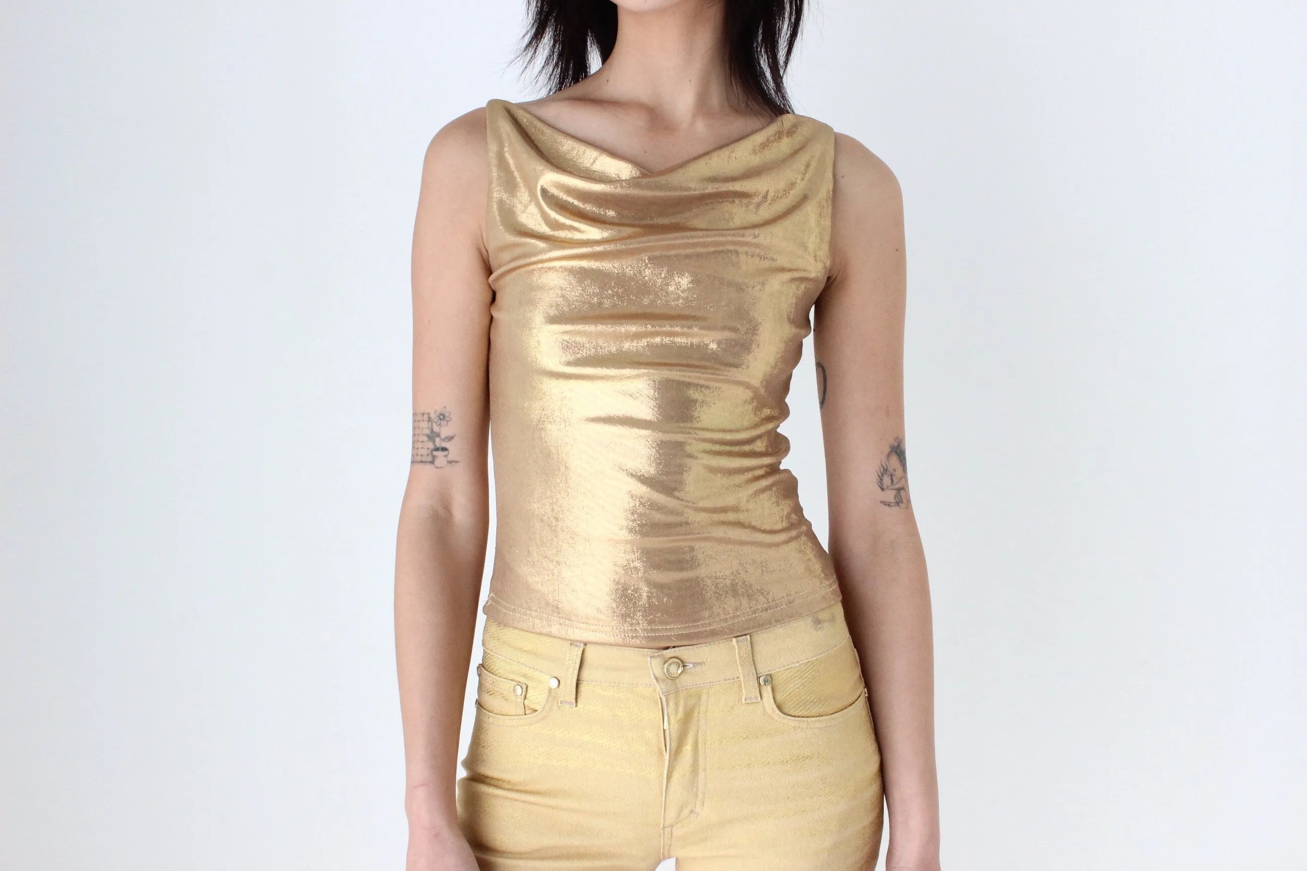 Y2K Liquid Gold Metallic Cowl Neck Disco Top