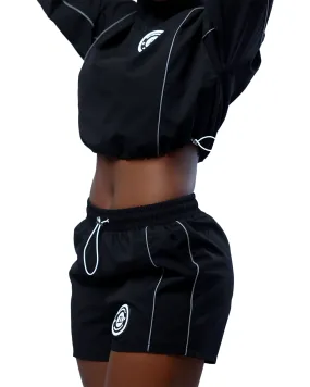 Zipp Crop Windbreaker Polyester Tracksuit 3 Piece Set - Black