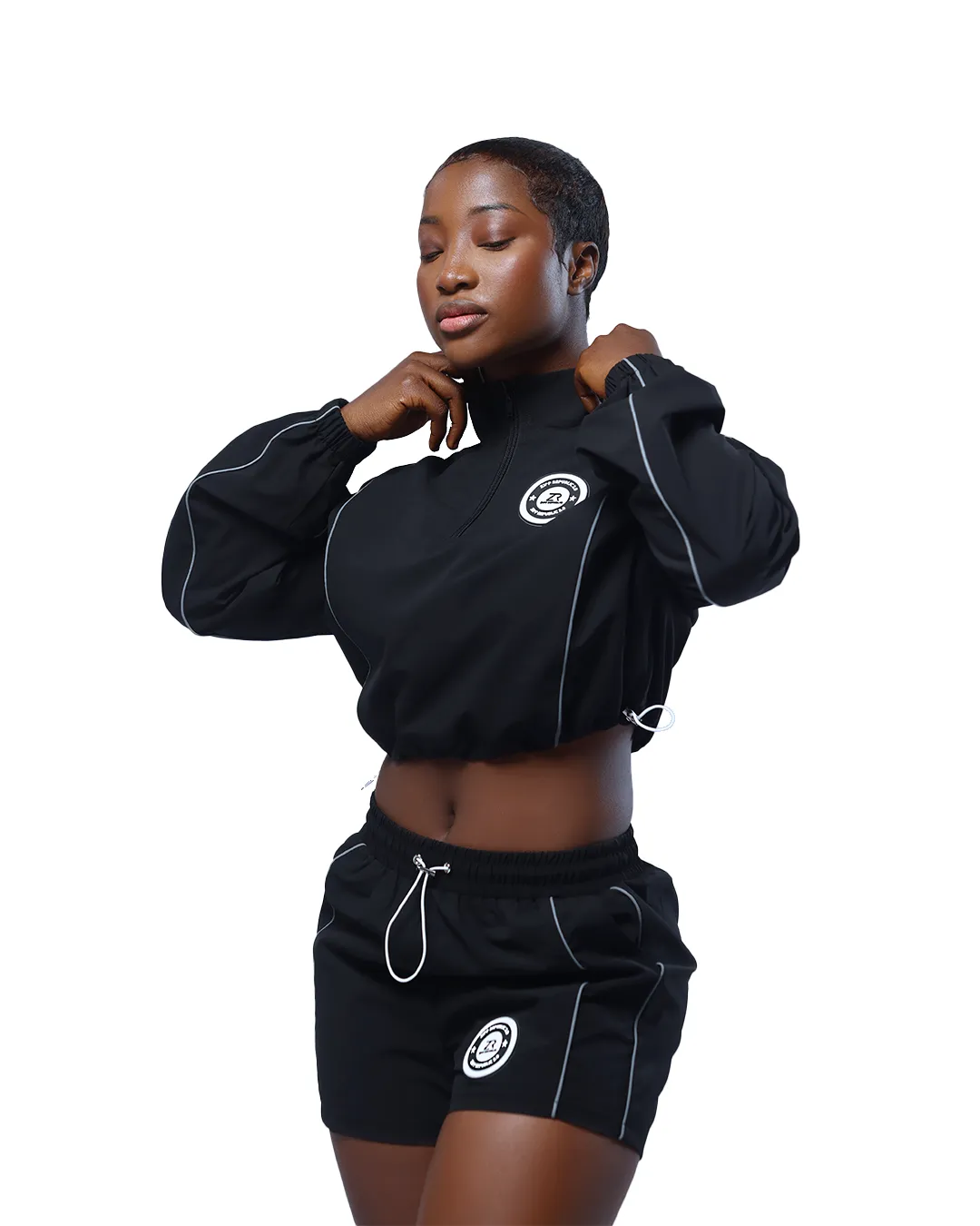 Zipp Crop Windbreaker Polyester Tracksuit 3 Piece Set - Black