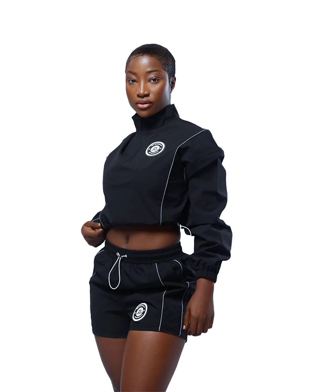 Zipp Crop Windbreaker Polyester Tracksuit 3 Piece Set - Black